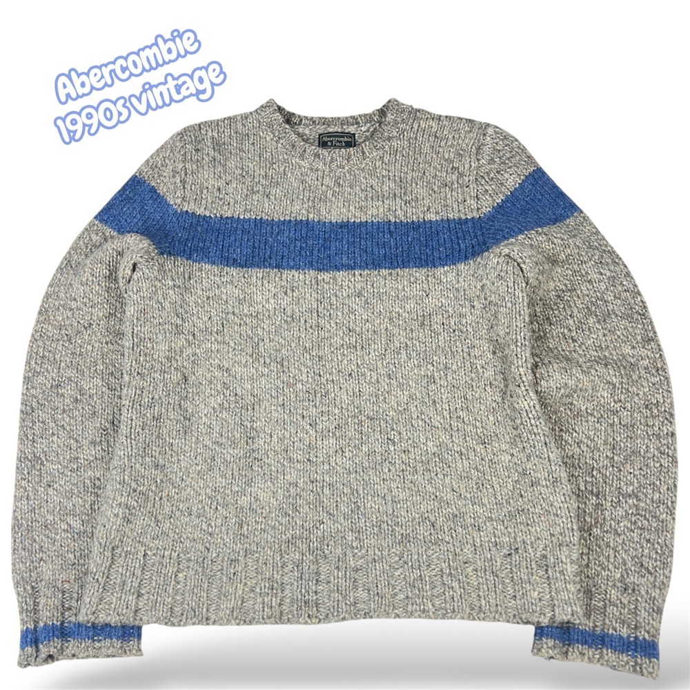 Vintage Abercrombie & Fitch Wool Blend Striped Sweater Oatmeal Blue 90s Medium